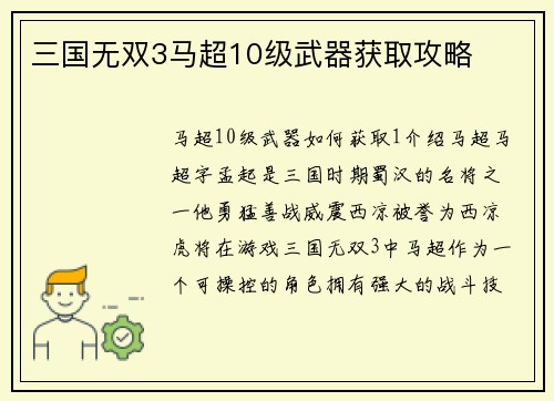 三国无双3马超10级武器获取攻略