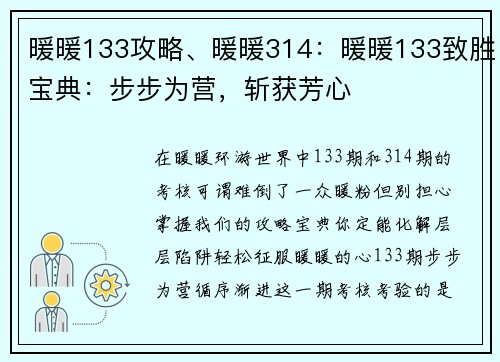 暖暖133攻略、暖暖314：暖暖133致胜宝典：步步为营，斩获芳心